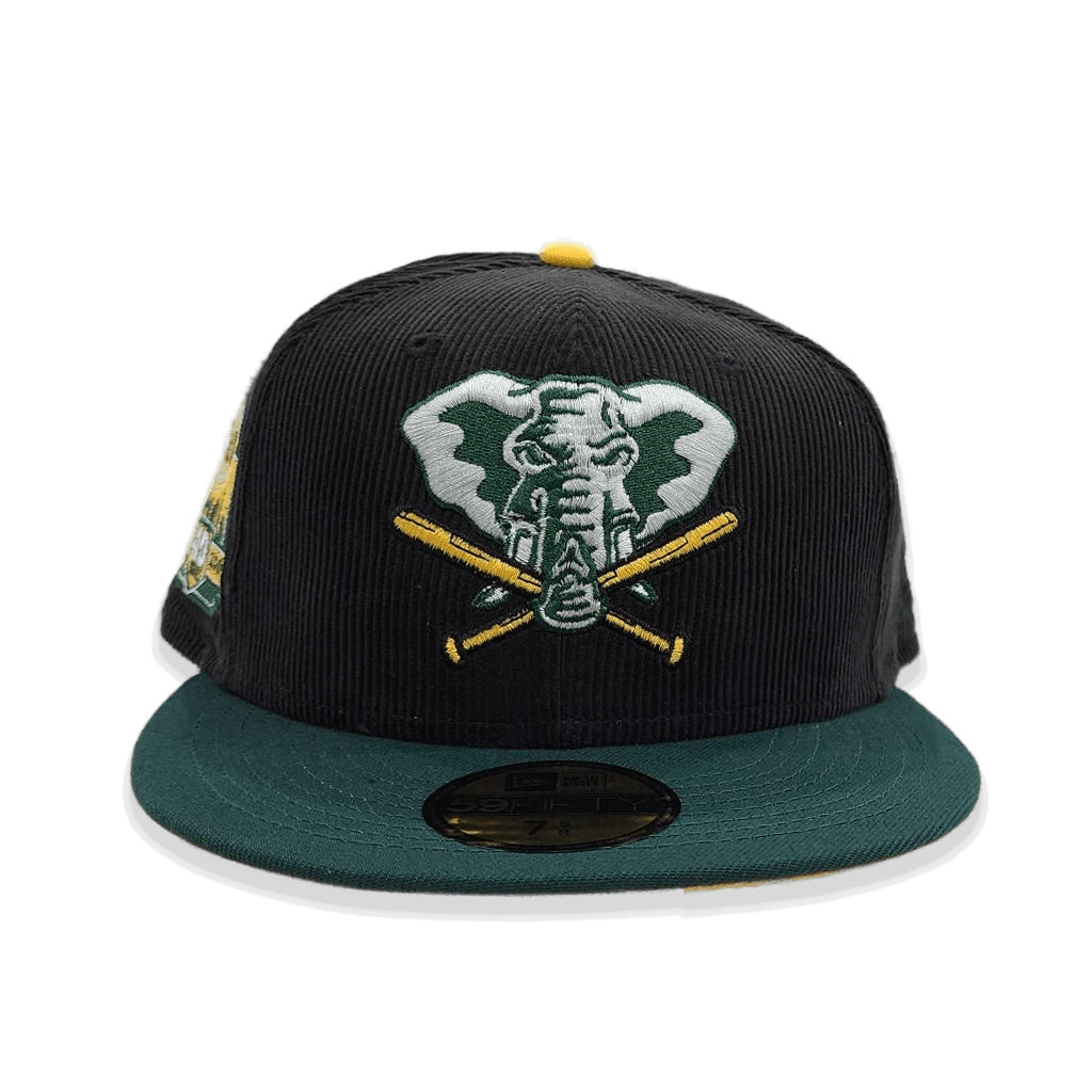 Black Corduroy Oakland Athletics Dark Green Visor Yellow Bottom 40th Anniversary Side Patch New Era 59Fifty Fitted