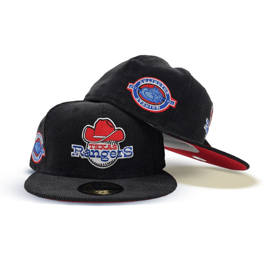 Black Corduroy Texas Rangers Red Bottom Arlington Stadium Side Patch New Era 59Fifty Fitted