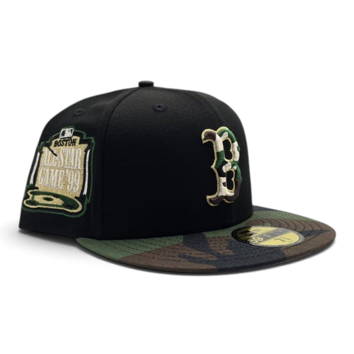 Black Boston Red Sox Woodland Camo Visor Gray Bottom 1999 All Star Game Side Patch New Era 59Fifty Fitted