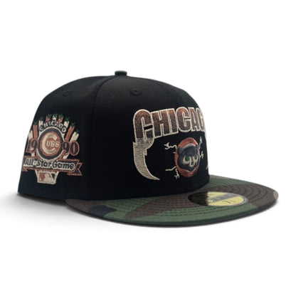 Black Chicago Cubs Lightning Logo Woodland Camo Visor Gray Bottom 1990 All Star Game Side Patch New Era Fitted (Copy)