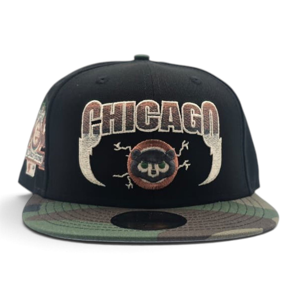 Black Chicago Cubs Lightning Logo Woodland Camo Visor Gray Bottom 1990 All Star Game Side Patch New Era Fitted (Copy)
