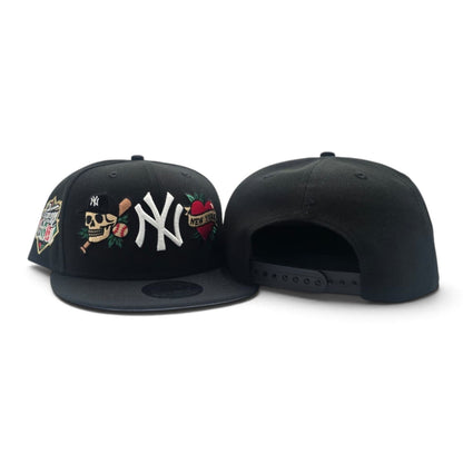 Black New York Yankees Tattoo Logo Gray Bottom Upside Down 1999 World Series Side Patch New Era 9Fifty Snapback Hat