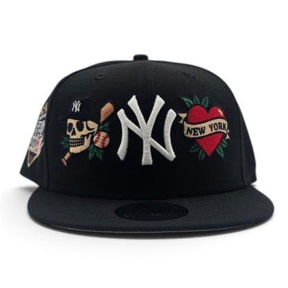 Black New York Yankees Tattoo Logo Gray Bottom Upside Down 1999 World Series Side Patch New Era 9Fifty Snapback Hat
