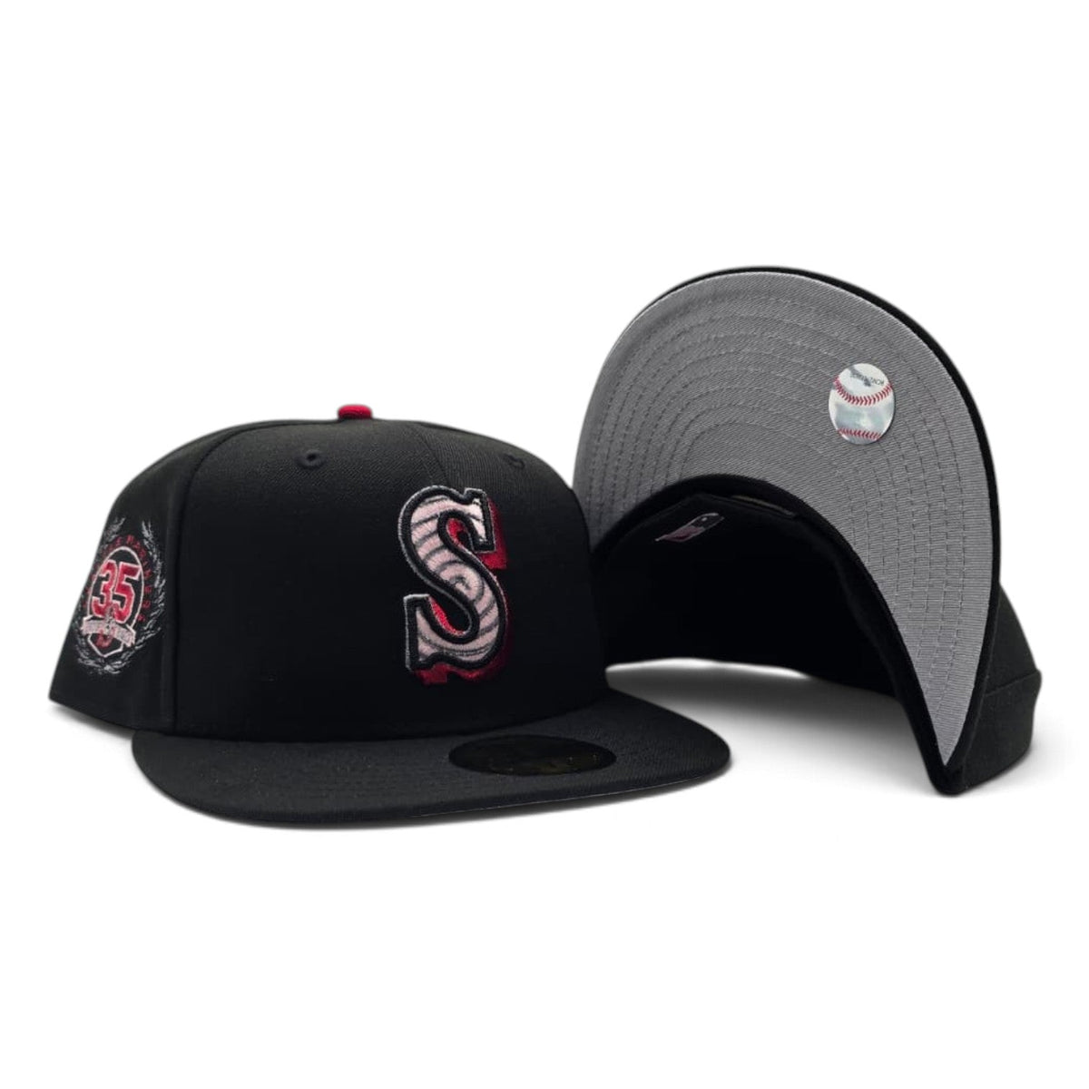 Black Seattle Mariners Swirl Logo Gray Bottom 35th Anniversary Side Patch New Era 59Fifty Fitted
