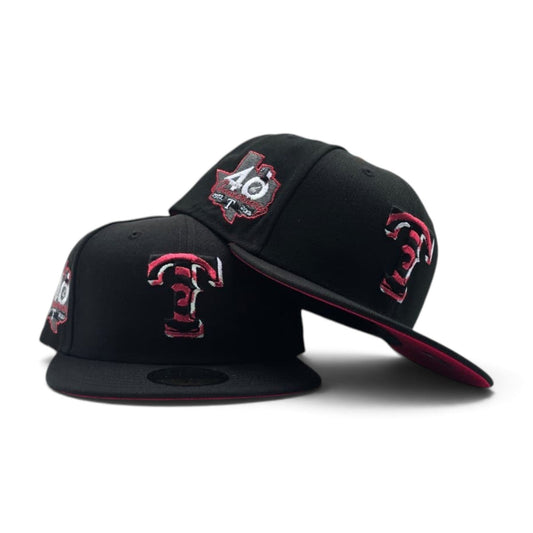 Black Texas Rangers Swirl Print Logo Visor Red Bottom 40th Anniversary Side Patch New Era 59Fifty Fitted