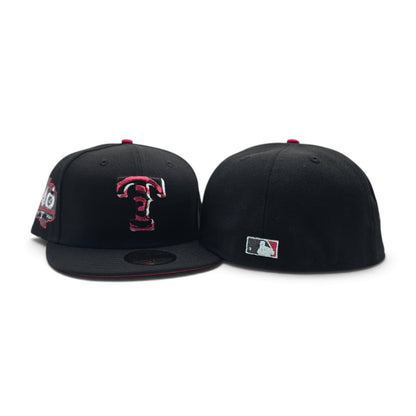 Black Texas Rangers Swirl Print Logo Visor Red Bottom 40th Anniversary Side Patch New Era 59Fifty Fitted