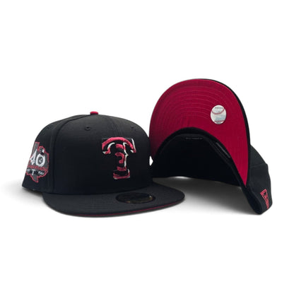 Black Texas Rangers Swirl Print Logo Visor Red Bottom 40th Anniversary Side Patch New Era 59Fifty Fitted