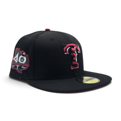Black Texas Rangers Swirl Print Logo Visor Red Bottom 40th Anniversary Side Patch New Era 59Fifty Fitted
