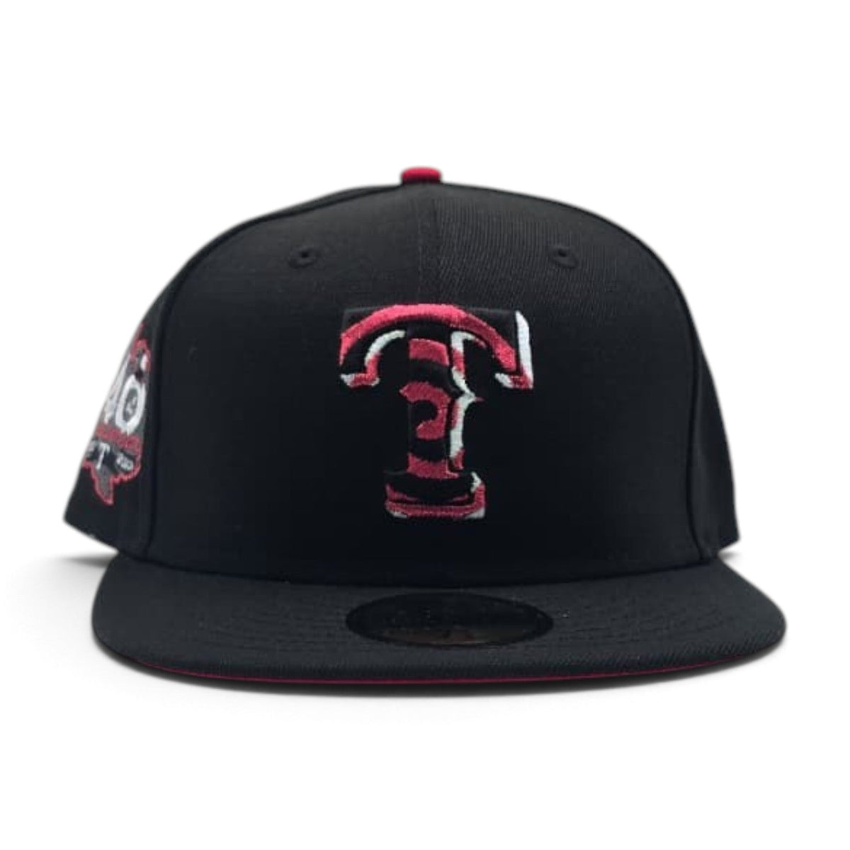 Black Texas Rangers Swirl Print Logo Visor Red Bottom 40th Anniversary Side Patch New Era 59Fifty Fitted
