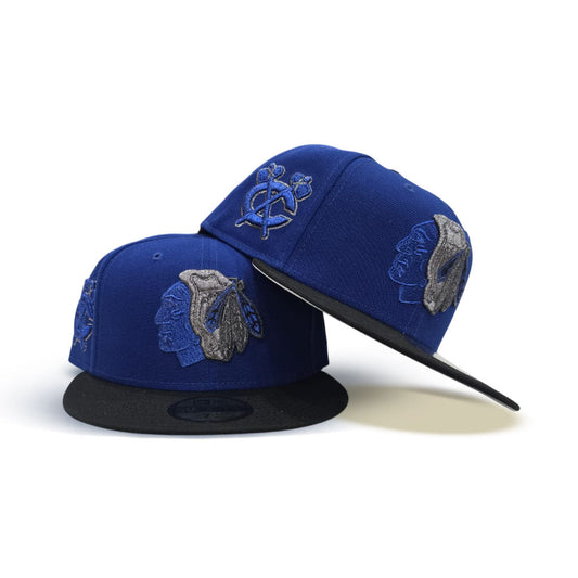 Royal Blue Chicago Blackhawks Black Visor Gray Bottom Chicago Logo Side Patch New Era 59Fifty Fitted