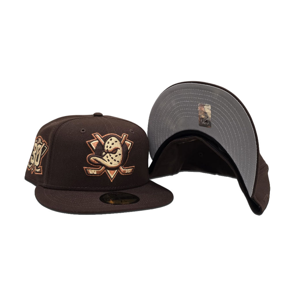 Brown Anaheim Mighty Ducks Gray Bottom 30th Anniversary Side Patch New Era 59Fifty Fitted