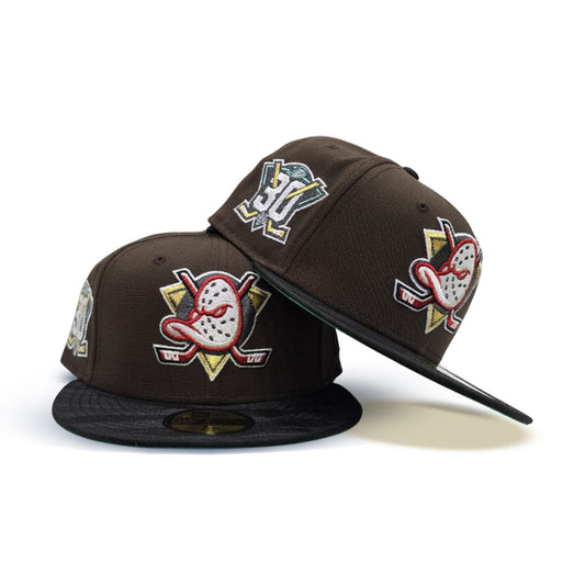 Brown Anaheim Mighty Ducks Tonal Black Camo Visor Green Bottom 30th Anniversary Side Patch New Era 59Fifty Fitted