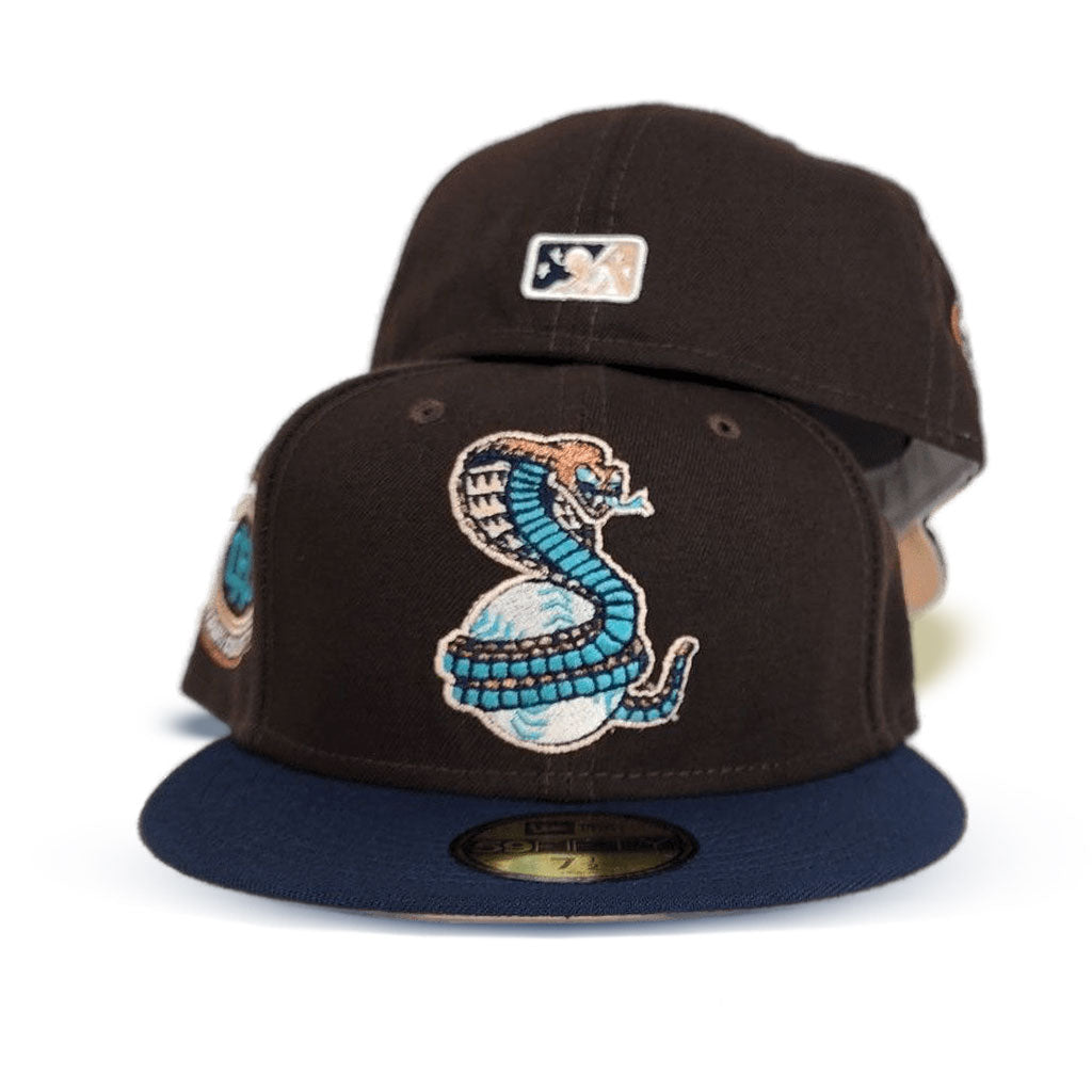 Brown Kissimmee Cobras Navy Blue Visor Peach Bottom Hometown Collection Side Patch New Era 59Fifty Fitted
