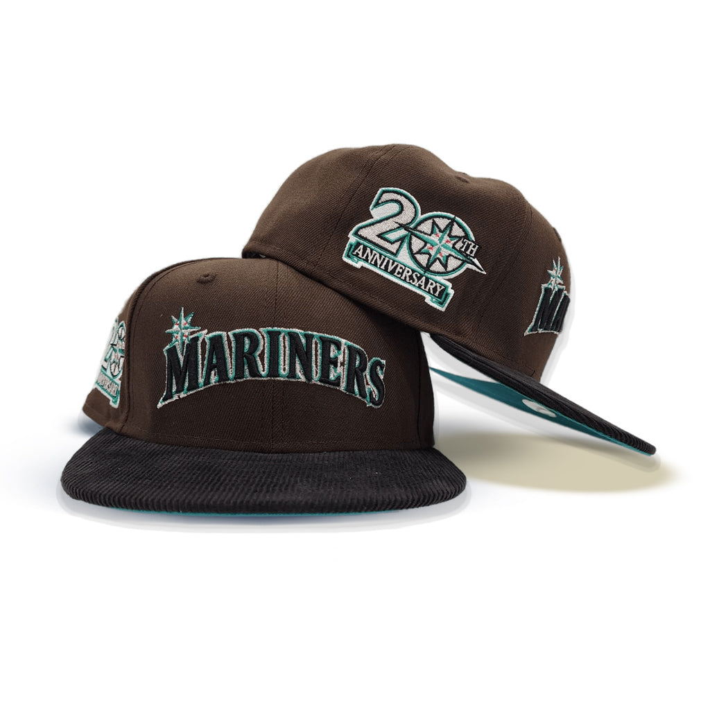 Brown Seattle Mariners Black Corduroy Visor Aqua Bottom 20th Anniversary Side Patch New Era 59Fifty Fitted