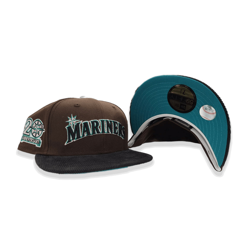 Brown Seattle Mariners Black Corduroy Visor Aqua Bottom 20th Anniversary Side Patch New Era 59Fifty Fitted