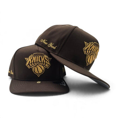Brown New York Knicks Curved Brim Metal Badge Gray Bottom New York Script Side Patch New Era 9Fifty A-Frame Snapback