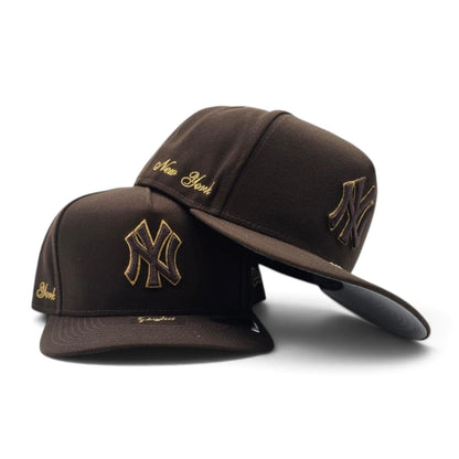 Brown New York Yankees Curved Brim Metal Badge Gray Bottom New York Script Side Patch New Era 9Fifty A-Frame Snapback