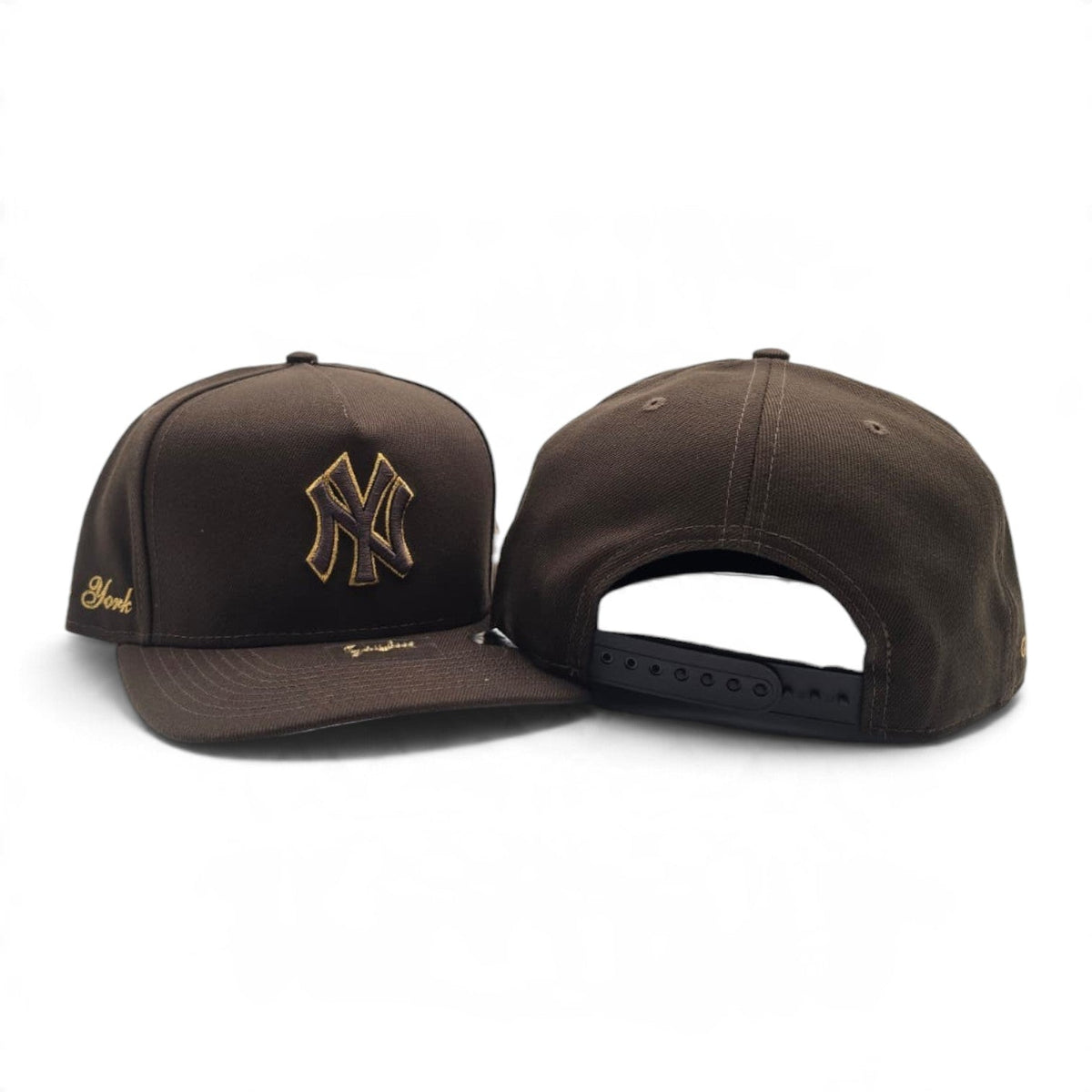 Brown New York Yankees Curved Brim Metal Badge Gray Bottom New York Script Side Patch New Era 9Fifty A-Frame Snapback