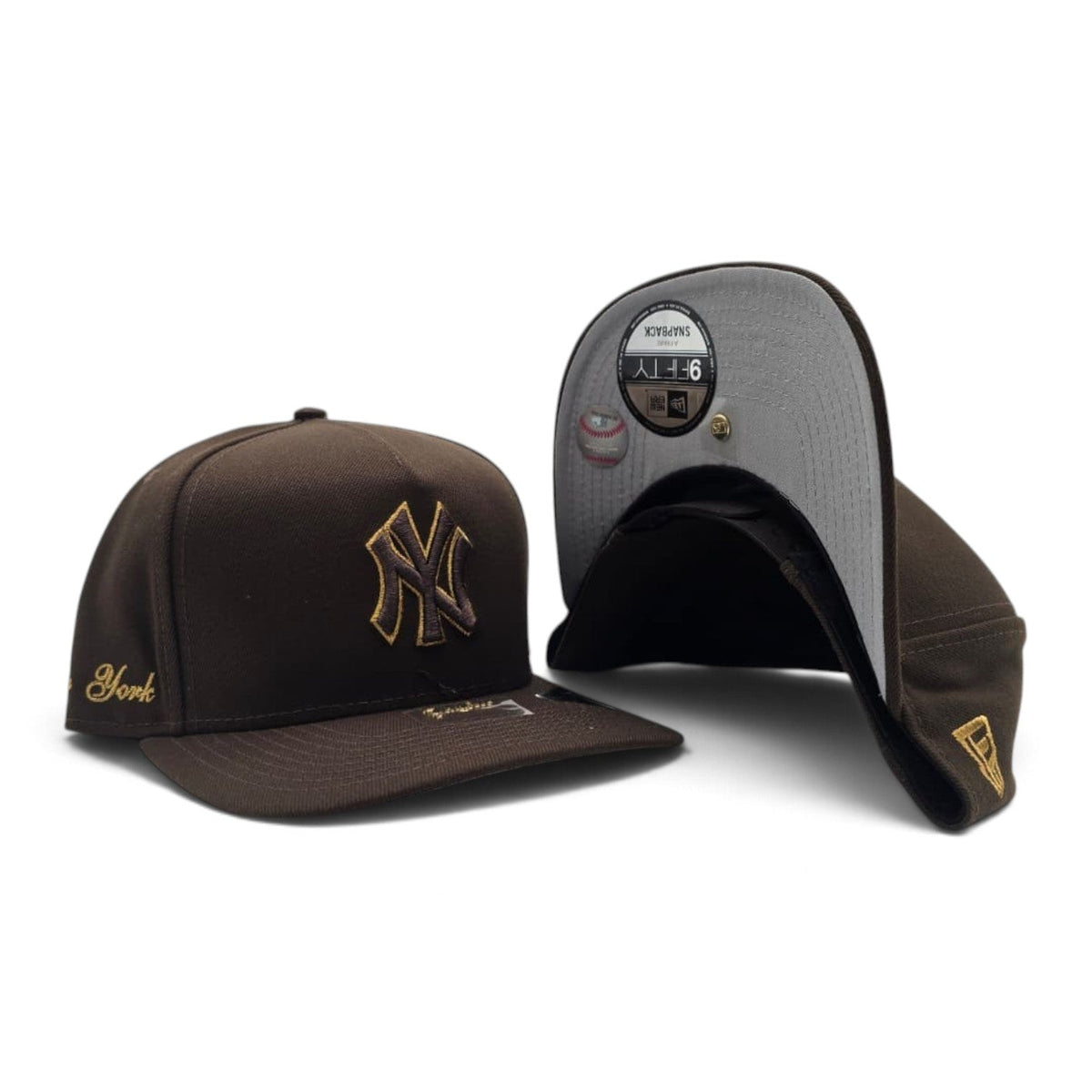 Brown New York Yankees Curved Brim Metal Badge Gray Bottom New York Script Side Patch New Era 9Fifty A-Frame Snapback