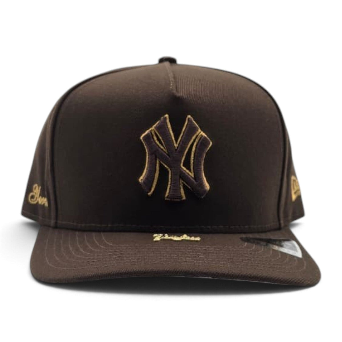 Brown New York Yankees Curved Brim Metal Badge Gray Bottom New York Script Side Patch New Era 9Fifty A-Frame Snapback