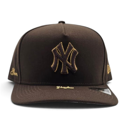 Brown New York Yankees Curved Brim Metal Badge Gray Bottom New York Script Side Patch New Era 9Fifty A-Frame Snapback