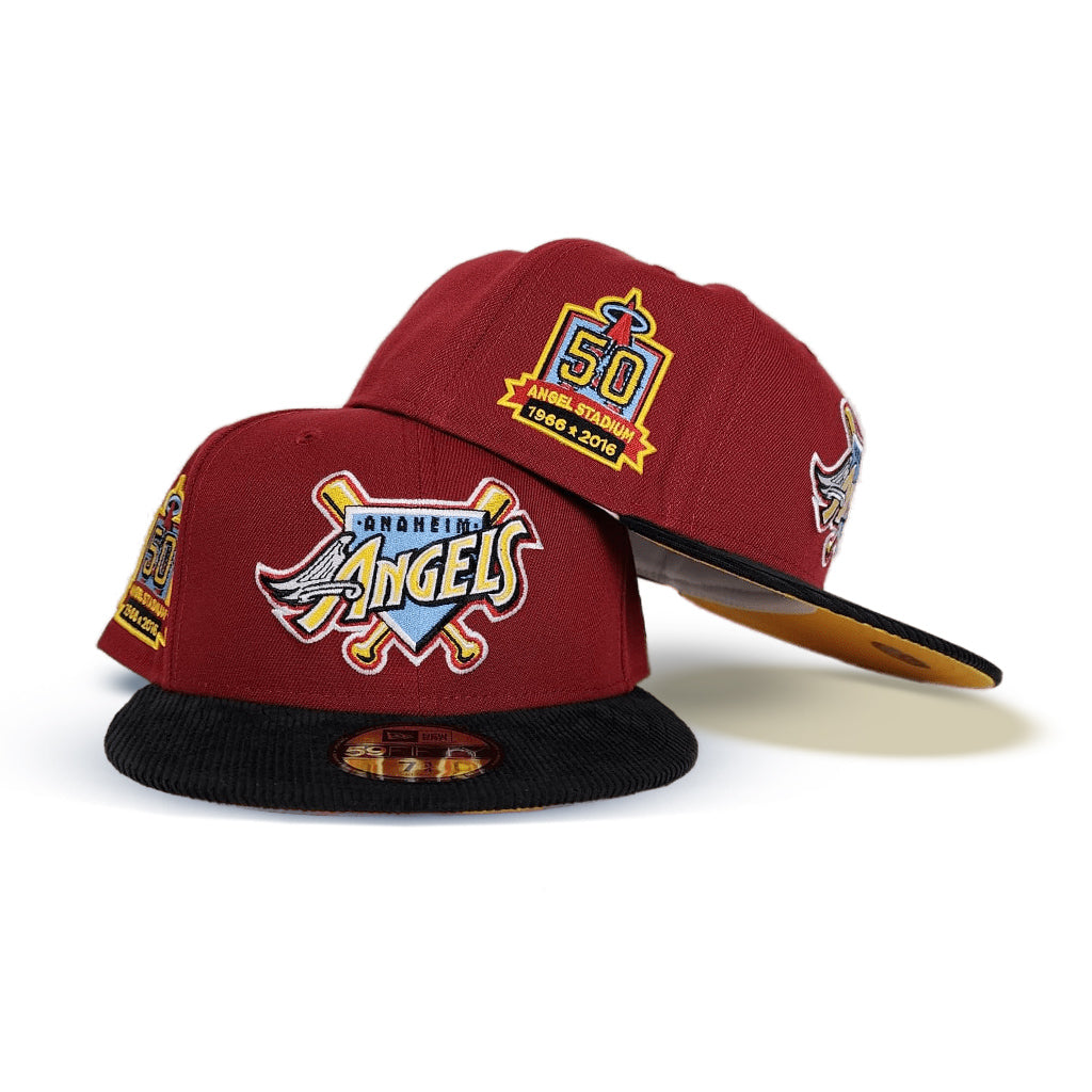 Burgundy Los Angeles Angels Black Corduroy Visor Yellow Bottom 50th Anniversary Side Patch New Era 59Fifty Fitted