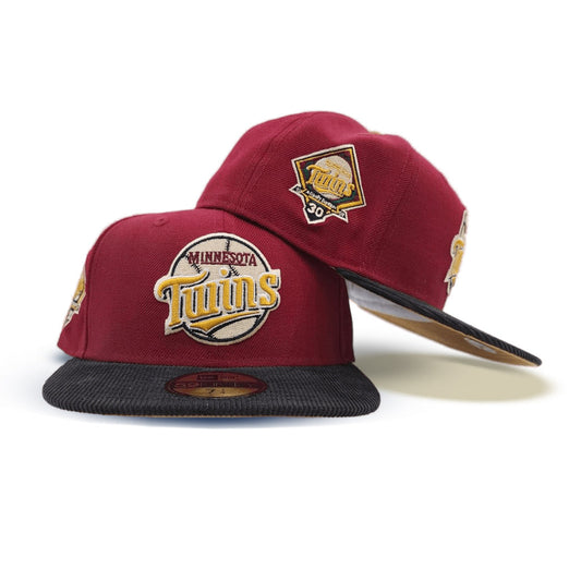 Burgundy Minnesota Twins Black Corduroy Visor Tan Bottom 30th Anniversary Side Patch New Era 59Fifty Fitted