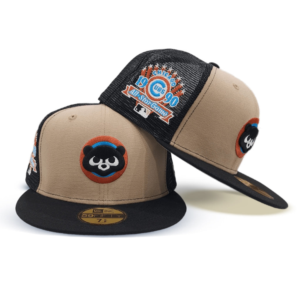 Camel Chicago Cubs Black Trucker Gray Bottom 1990 All Star Game Side Patch New Era 59Fifty Fitted