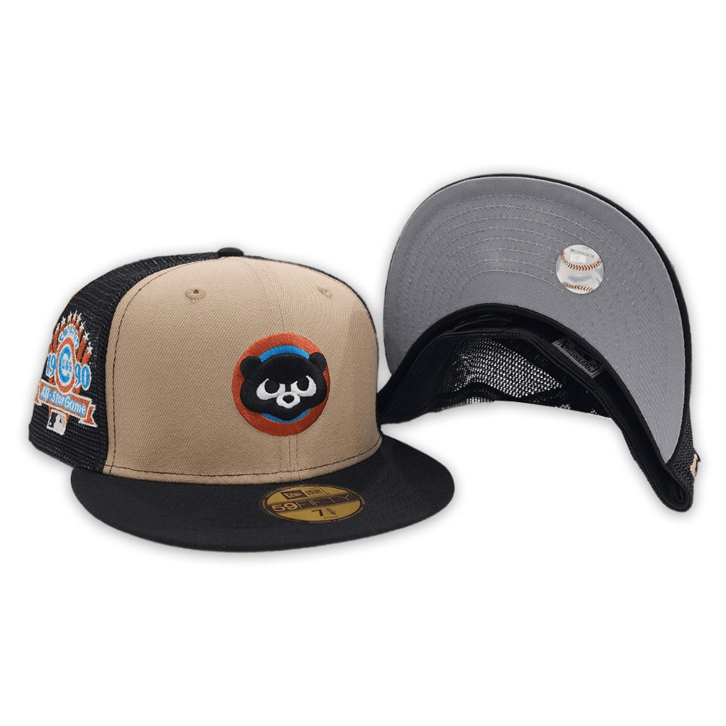 Camel Chicago Cubs Black Trucker Gray Bottom 1990 All Star Game Side Patch New Era 59Fifty Fitted