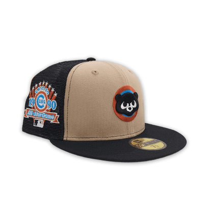 Camel Chicago Cubs Black Trucker Gray Bottom 1990 All Star Game Side Patch New Era 59Fifty Fitted
