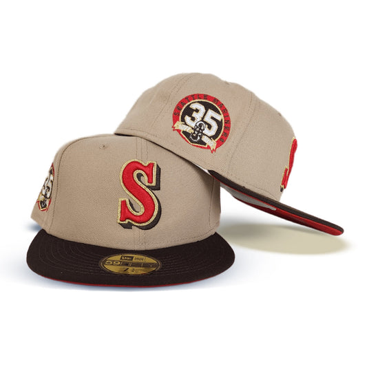 Camel Seattle Mariners Brown Visor Red Bottom 35th Anniversary Side Patch New Era 59Fifty Fitted
