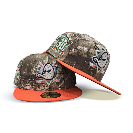 Real Tree Camo Glow in The Dark Anaheim Mighty Ducks Orange Visor Green Bottom 30th Anniversary Side Patch New Era 59Fifty Fitted