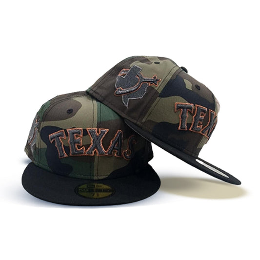 Woodland Camo Texas Rangers Black Visor Gray Bottom State Map Side Patch New Era 59Fifty Fitted