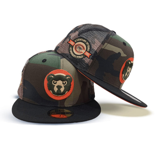 Camo Trucker Chicago Cubs Black Visor Orange Bottom A Century Wrigley Field Side Patch New Era 59Fifty Fitted