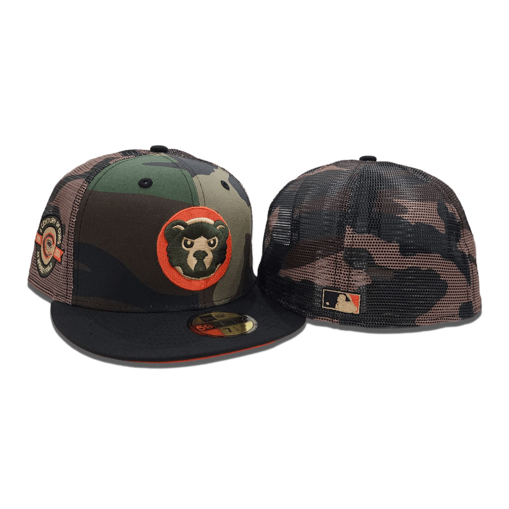 Camo Trucker Chicago Cubs Black Visor Orange Bottom A Century Wrigley Field Side Patch New Era 59Fifty Fitted