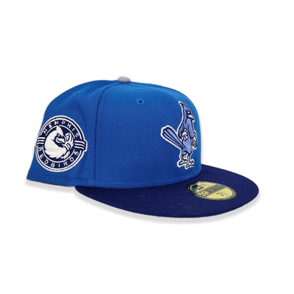Cardinal Blue Memphis Redbirds Royal Visor Silver Bottom Memphis Redbirds Side Patch New Era 59Fifty Fitted
