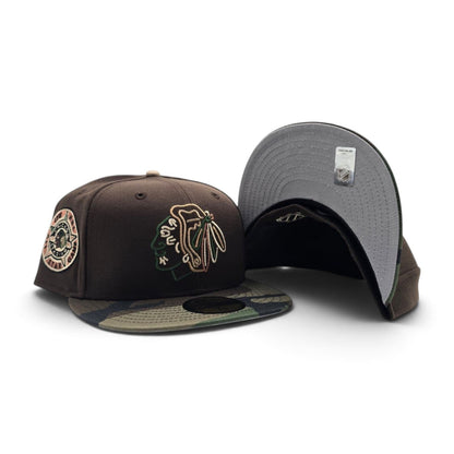 Brown Chicago Blackhawks Woodland Camo Visor Gray Bottom 42nd All Star Game Side Patch New Era 59Fifty Fitted