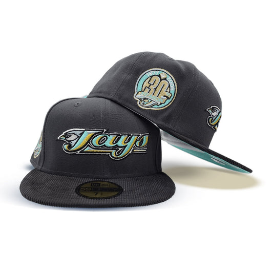 Dark Gray Blue Jays Black corduroy Visor Mint Green Bottom 30th Anniversary Side Patch New Era 59Fifty Fitted