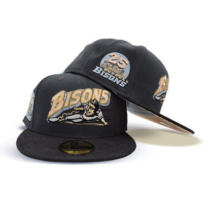 Dark Gray Buffalo Bisons Black Corduroy Visor Peach Bottom 25th Years Side Patch New Era 59Fifty Fitted