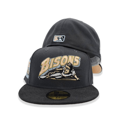 Dark Gray Buffalo Bisons Black Corduroy Visor Peach Bottom 25th Years Side Patch New Era 59Fifty Fitted