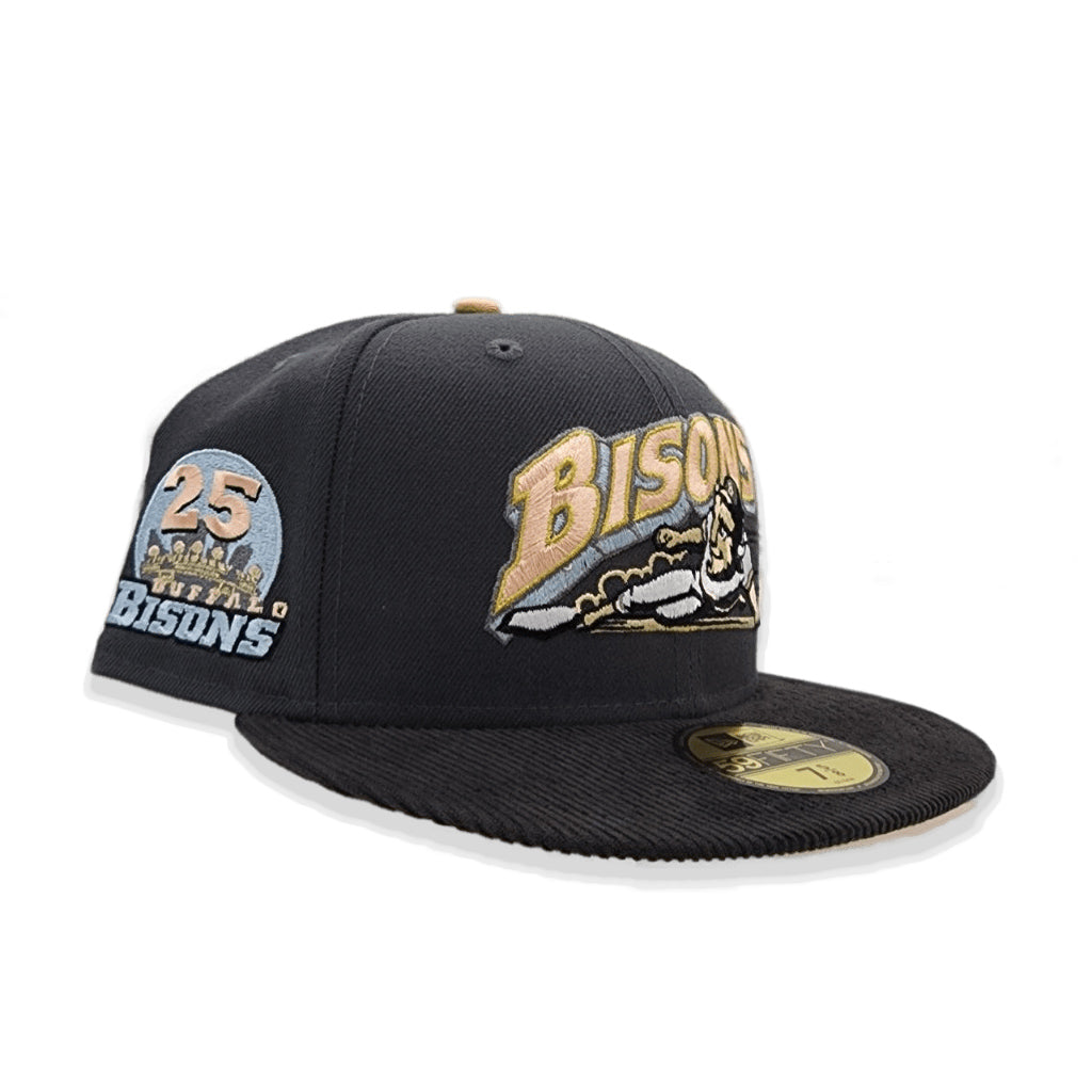 Dark Gray Buffalo Bisons Black Corduroy Visor Peach Bottom 25th Years Side Patch New Era 59Fifty Fitted