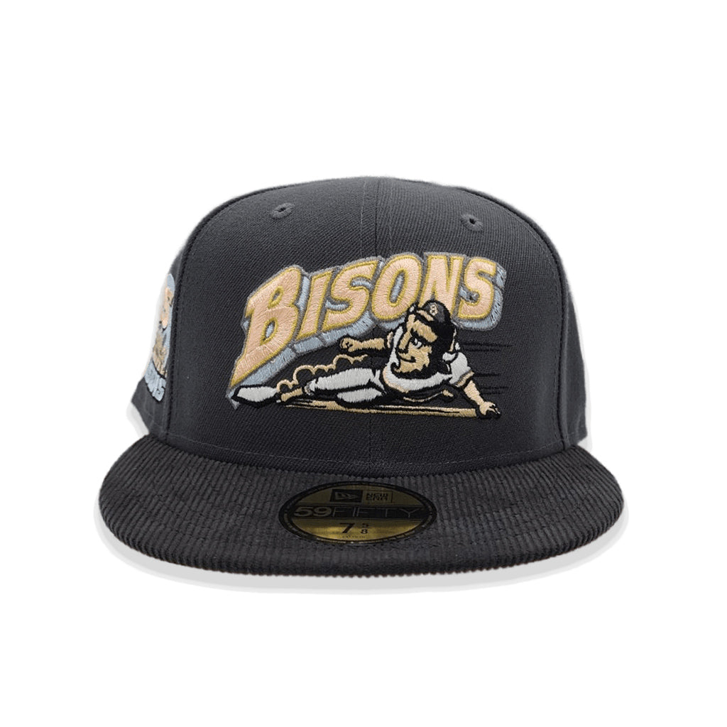 Dark Gray Buffalo Bisons Black Corduroy Visor Peach Bottom 25th Years Side Patch New Era 59Fifty Fitted