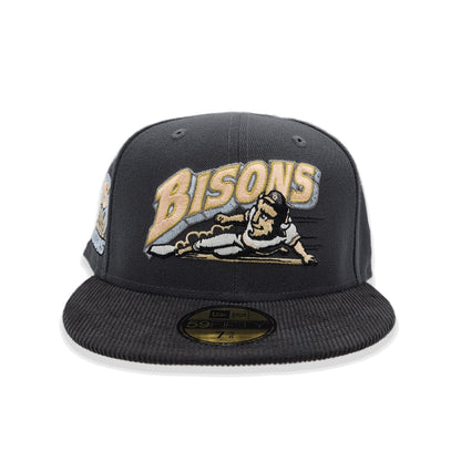 Dark Gray Buffalo Bisons Black Corduroy Visor Peach Bottom 25th Years Side Patch New Era 59Fifty Fitted