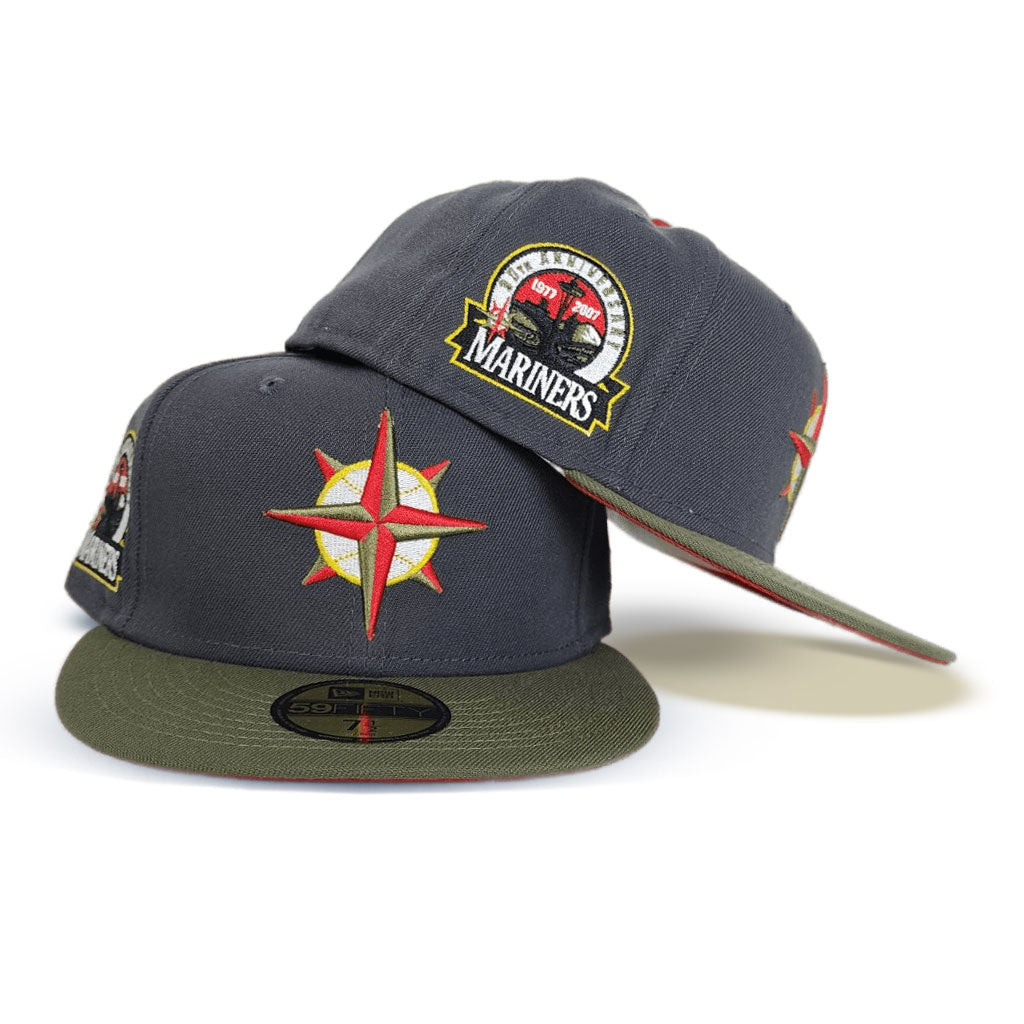 Dark Gray Seattle Mariners Olive Green Visor Red Bottom 30th Anniversary Side Patch New Era 59Fifty Fitted