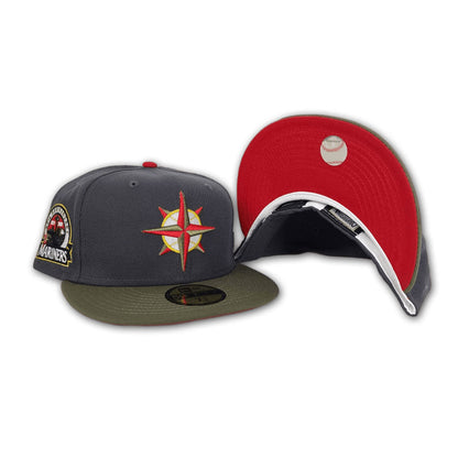 Dark Gray Seattle Mariners Olive Green Visor Red Bottom 30th Anniversary Side Patch New Era 59Fifty Fitted