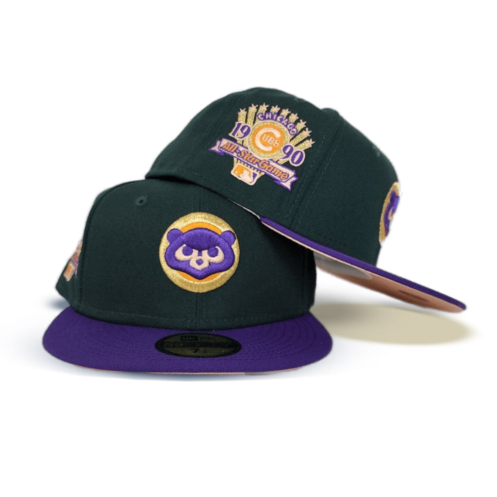 Dark Green Chicago Cubs Purple Visor Peach Bottom 1990 All Star Game Side Patch New Era 59Fifty Fitted