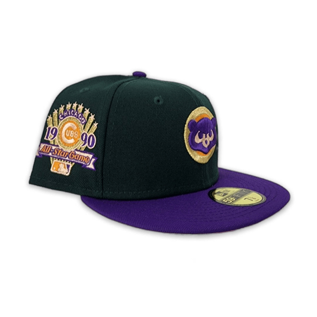 Dark Green Chicago Cubs Purple Visor Peach Bottom 1990 All Star Game Side Patch New Era 59Fifty Fitted