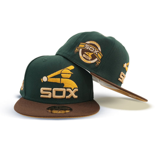 Dark Green Chicago White Sox Brown Visor Panama Tan Bottom Sox Baseball Side patch New Era 59Fifty Fitted