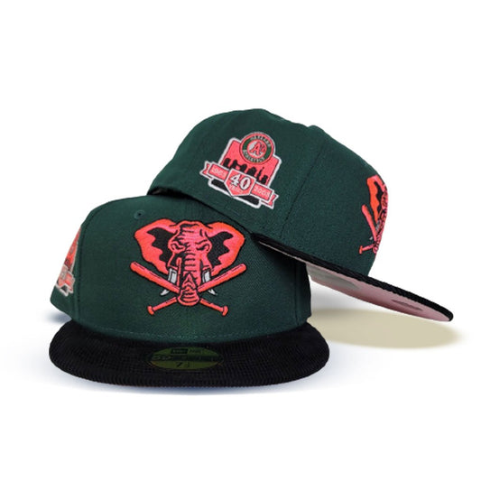 Dark Green Oakland Athletics Black Corduroy Visor Pink Bottom 40th Anniversary New Era 59Fifty Fitted