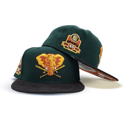 Dark Green Oakland Athletics Black Corduroy Visor Rust Bottom 40th Anniversary Side Patch New Era 59Fifty Fitted